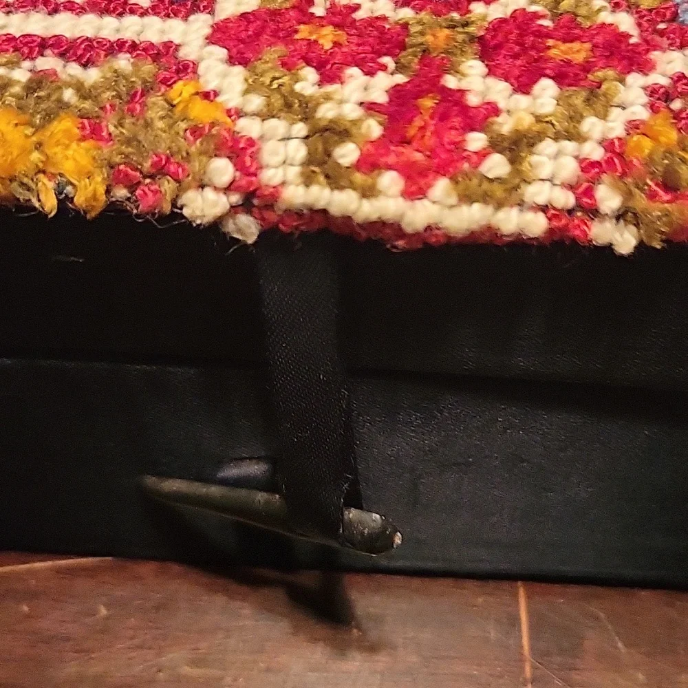 Vintage Tapestry Needlepoint Floral Jewelry Box with Aqua Blue Lining